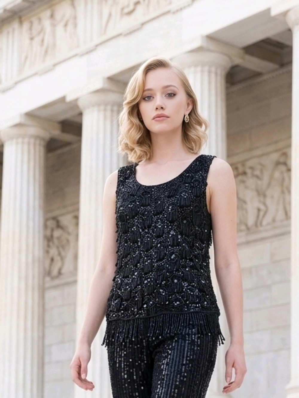 Recalia Imports Luxury Sequin Beaded Knit Tank Top